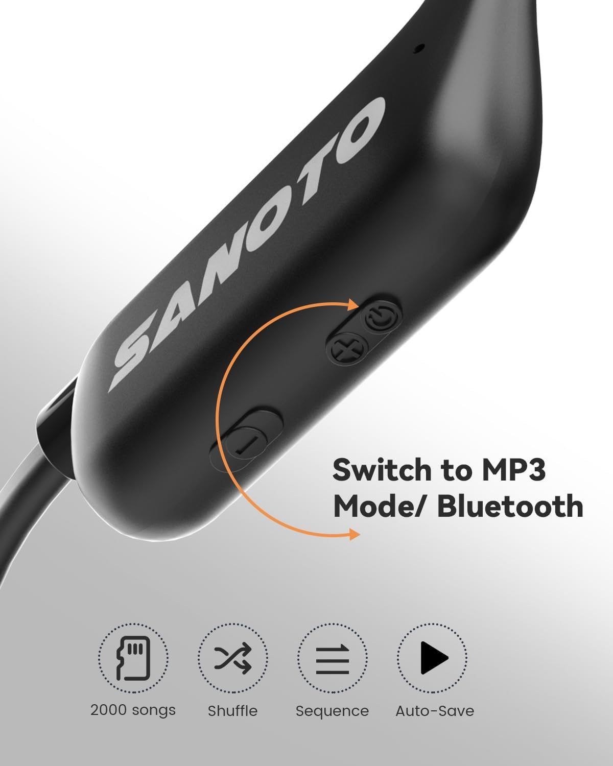 SANOTO Casque Conduction Osseuse Natation, Ecouteur Waterproof Natation IPX8, Casque Conduction Osseuse Bluetooth 5.3, 16GB MP3, Lecture Aléatoire/Séquence, Sauvegarde Automatique, pour la Natation