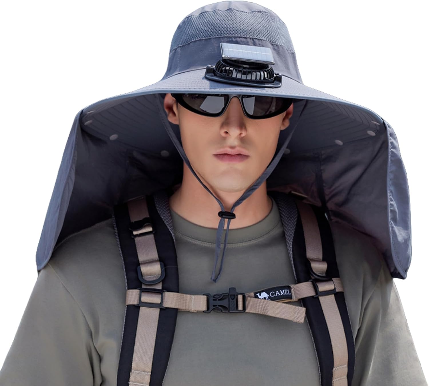 Extra Wide Brim Solar Fan Hat, Mens Fishing Hat with Fan, Neck Flap Sun Hat, UPF 50+ Solar Powered Cooling Cap Fisherman Hats