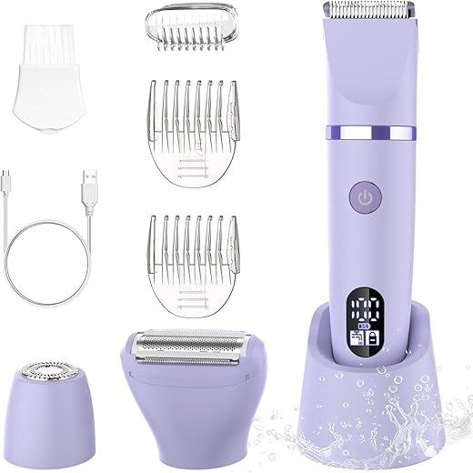 Rasoir Electrique Feminin Tondeuse précise pour visage et zones sensibles, Tondeuse à poils corporels pour visage, jambes, aisselles et zone pubienne,étanche,Sans fil, Écran LCD, Violet, 3 in 1
