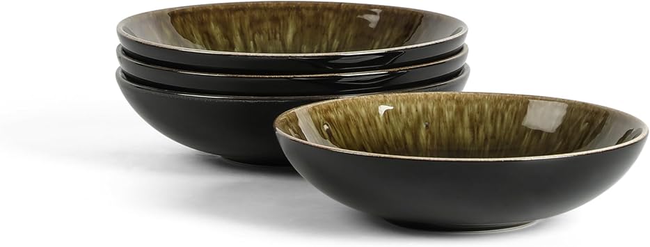Stone Lain Riley 4-Piece Pasta Bowl Set Stoneware, Bowls, Dishwasher and Microwave Safe, Dish Set for 4, Black and Green