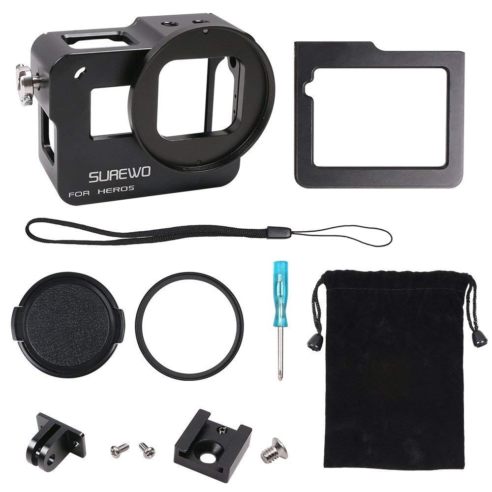 CNC Aluminum Case Frame (Black) for Gopro Hero(2018) 6/5 with 52mm UV Filter & Lens Cap and Hot Shoe Alloy Protective Housing Case Compatible with Go pro Hero(2018) 6/5 Black