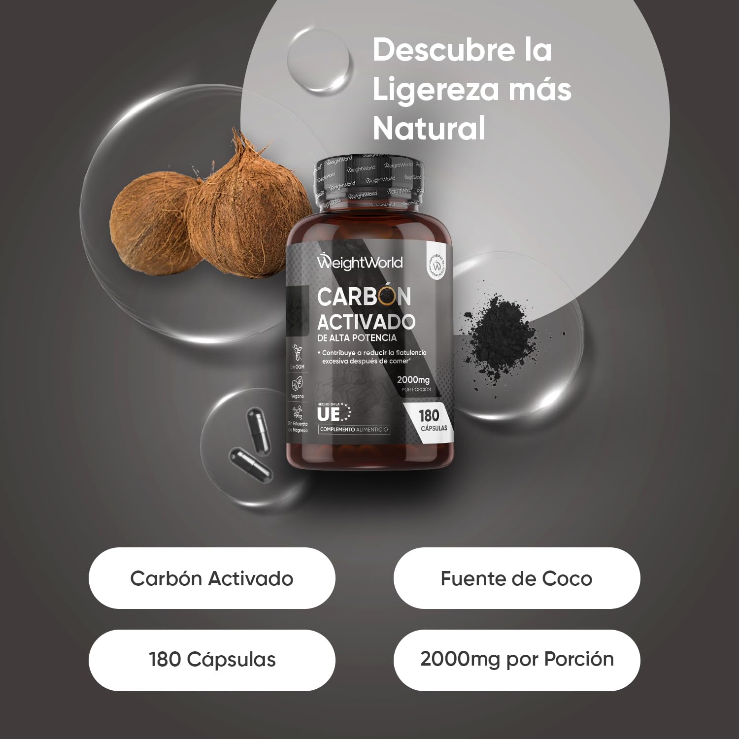Carbón Activado 2000mg de Potencia 180 Cápsulas Veganas - Ideal para Gases e Hinchazón Adultos, Carbón Vegetal Activado de Origen 100% Natural, Vegano y Sin Estearato de Magnesio
