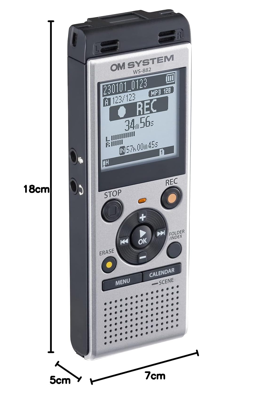 OM System WS-882 Grabadora Digital micrófonos estéreo, 6 Modos de grabación, conexión USB Directa, Soporte Integrado, 4 GB de Memoria Interna, Color Plateado.