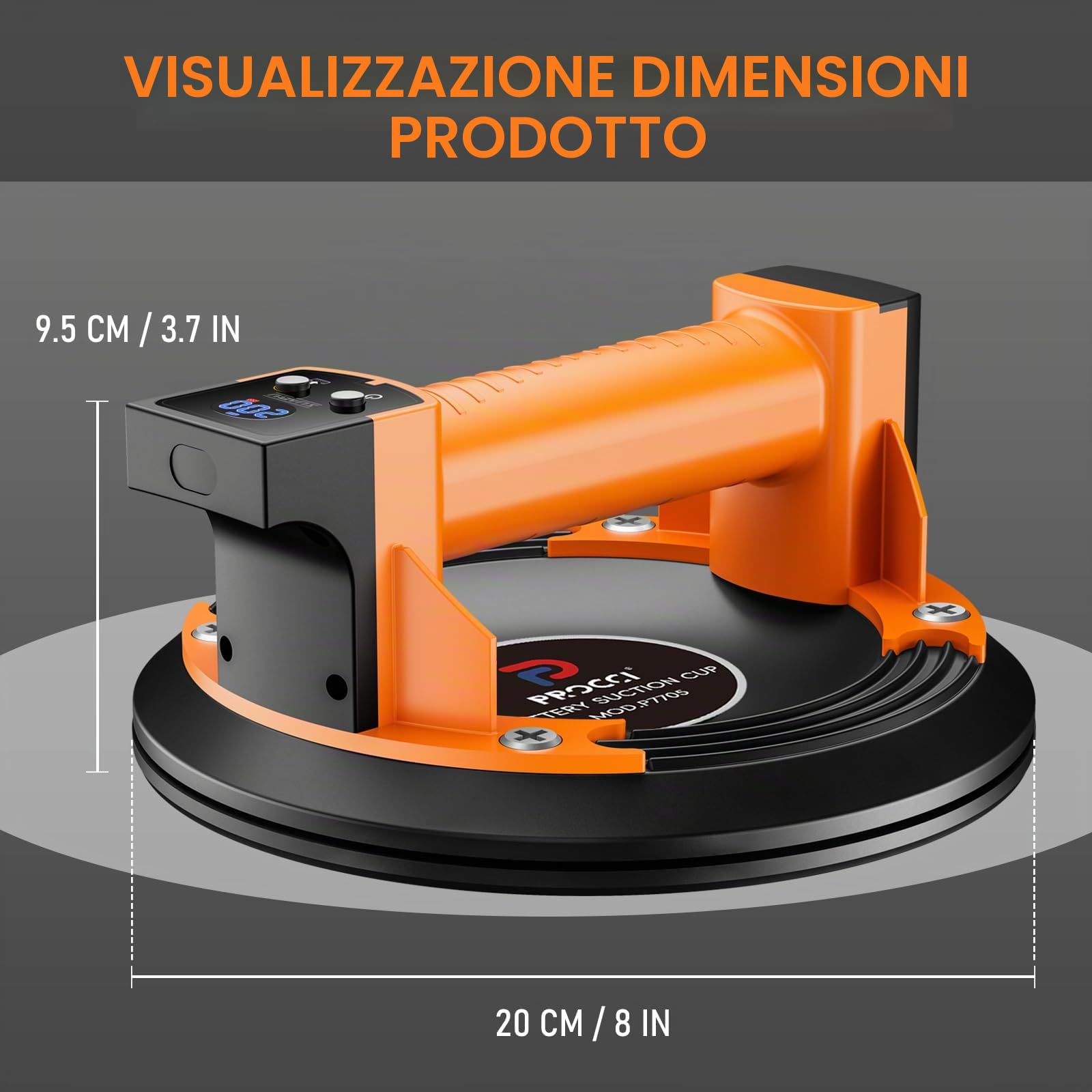 Ventosa a Batteria per Superfici Lisce – 200 KG di Forza di Aspirazione, Display LCD, Batteria 2500 mAh Fino a 7 Ore, Ideale per Piastrelle, Vetro e Marmo
