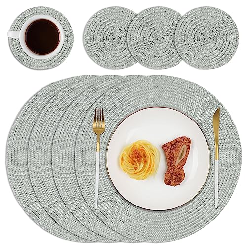 Homcomodar Round Woven Table Place Mats with Coasters Set of 4 Heat Resistant Placemats and Coasters Washable Braided Dining Table Mats Sets(Grey)