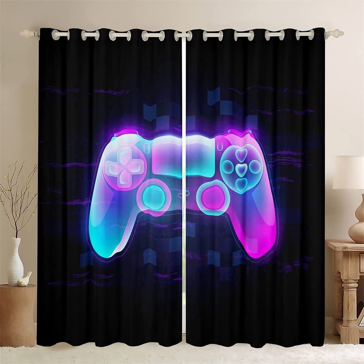 Gamer Gaming Curtain for Boy Bedroom Video Game Curtains for Kids Room Decor Blue Purple Game Controller Gamepad Window Drapes Geometry Honeycomb Window Treatments (2Pc-W33'' X L90'',Purple)