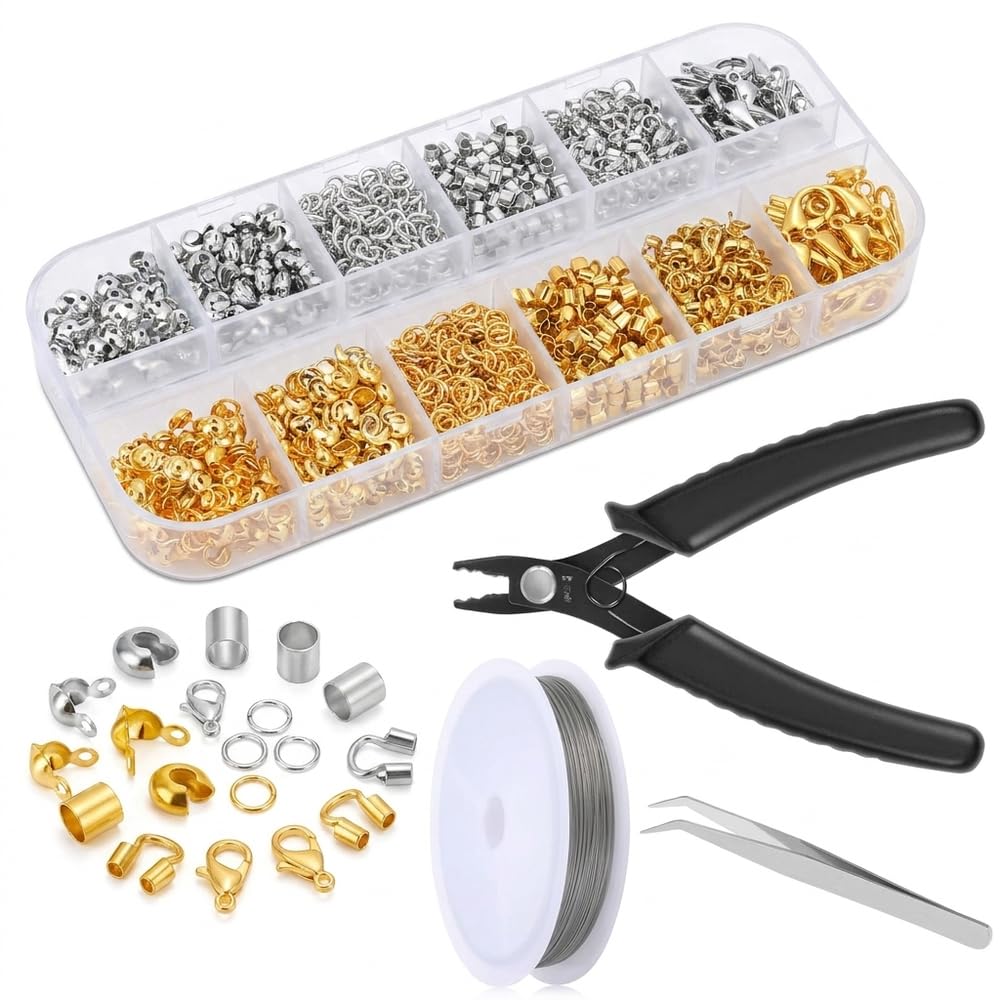 Reyuvidep Jewelry Making Kit, 1200 Pcs Crimp Beads with Bead Crimping Pliers Kit, Gold and Silver Tube Beads for Bracelets, Necklaces and Craft Projects