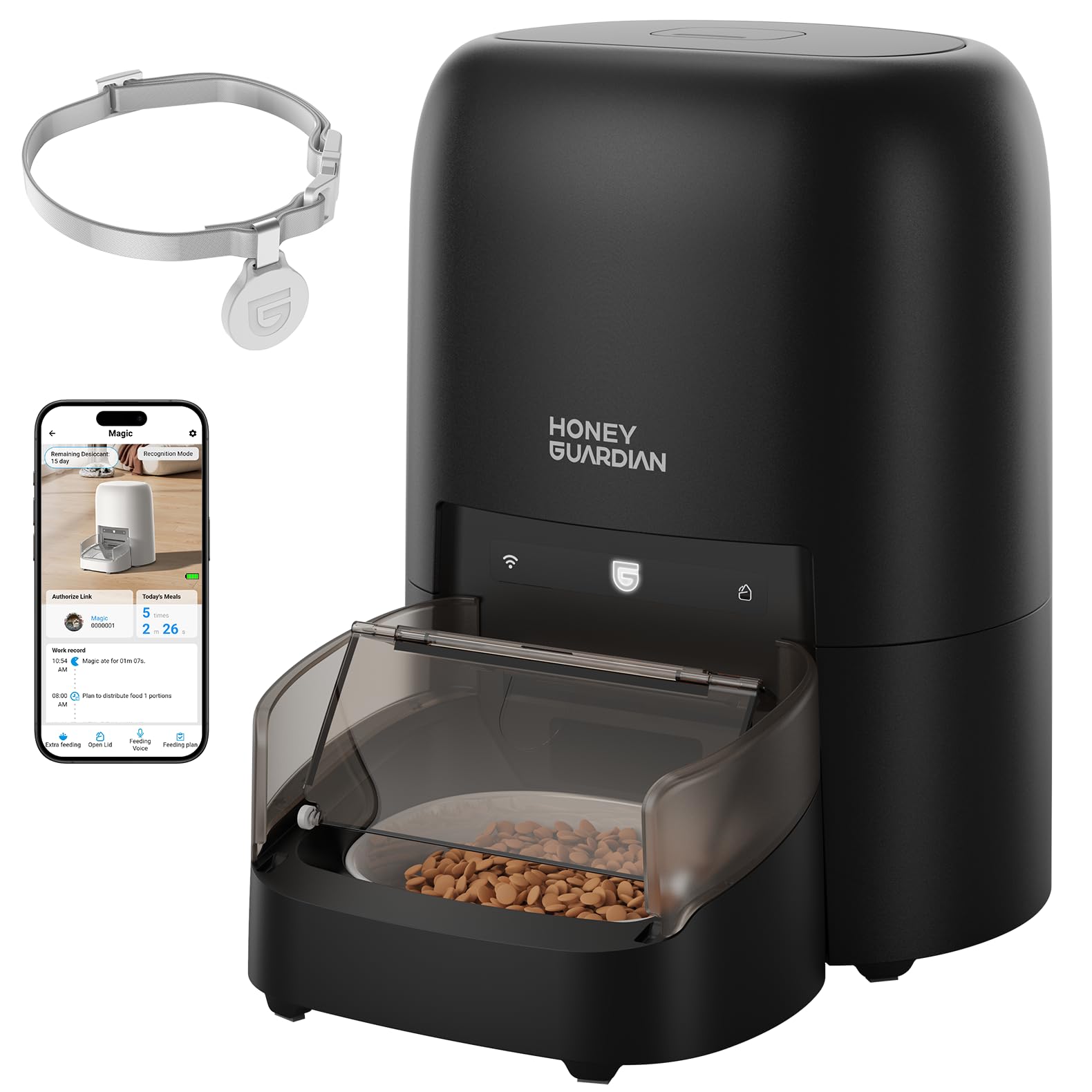 HoneyGuaridan RFID ONLY Automatic Cat Feeder, 4.6L Cat Feeder with Collar Tag-Activated Personalized Meals, 5G WiFi Cat Food Dispenser with Diet Tracking and Anti-Theft, 1–10 meals a day, Ceramic Bowl