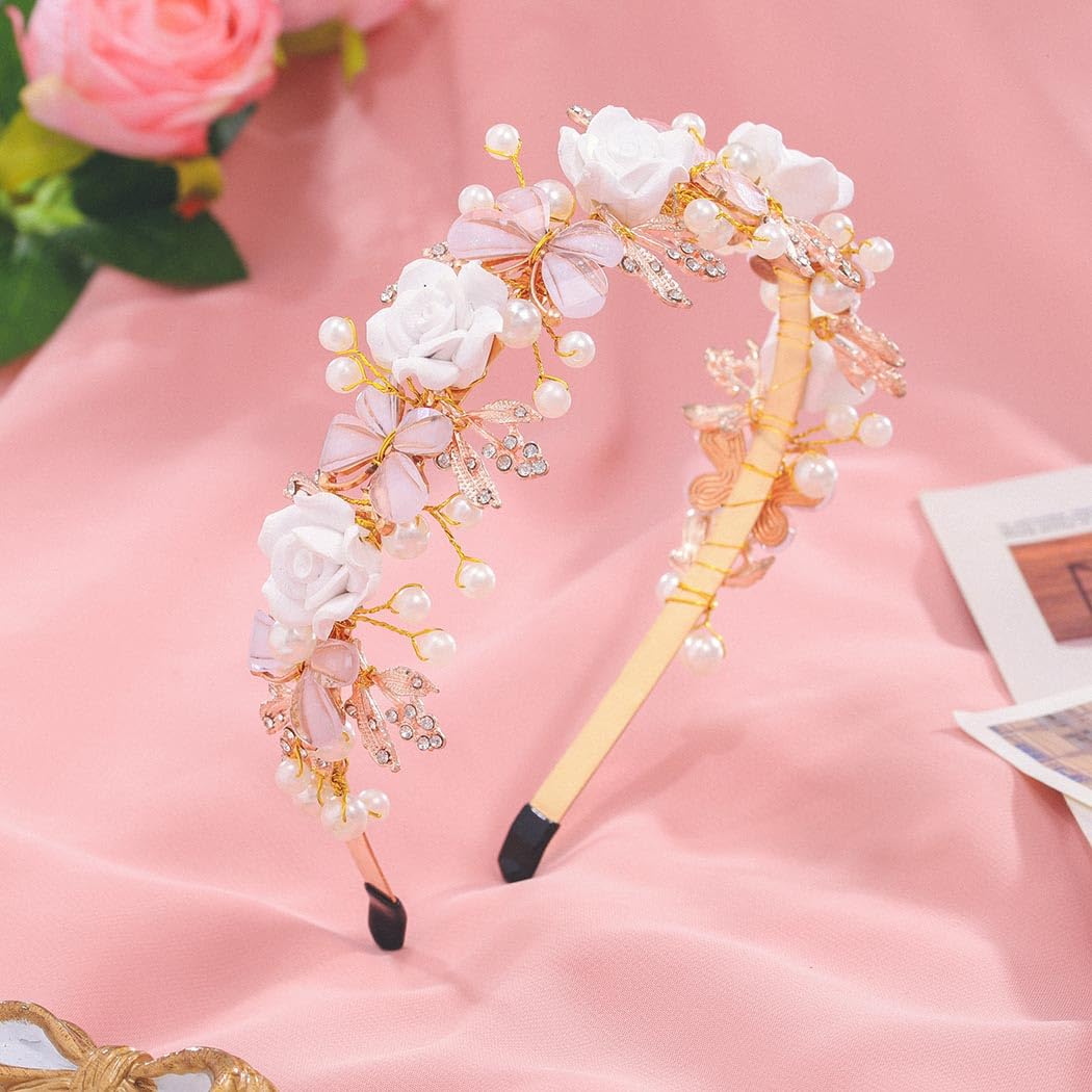 IYOU Flower Girl Hair Accessories Gold Flower Butterfly Princess Headband Pearl Leafs Brithday Bridal Wedding Hair Bands for Girls - Image 3