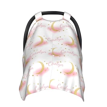 Personalized Baby Car Seat Canopy for Babies with Name, Custom Moon Stroller Car Seat Covers for Girls, Nursing Carseat Canopies Cover for Breastfeeding Newborn Infant