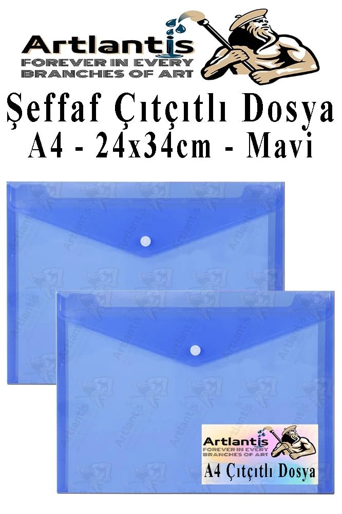 Dosya, Mavi A4 Çıtçıtlı Şeffaf Renkli Zarf Dosya 2 Adet Çıt Çıtlı Dosya Su Geçirmez 100 Yaprak Kapasite