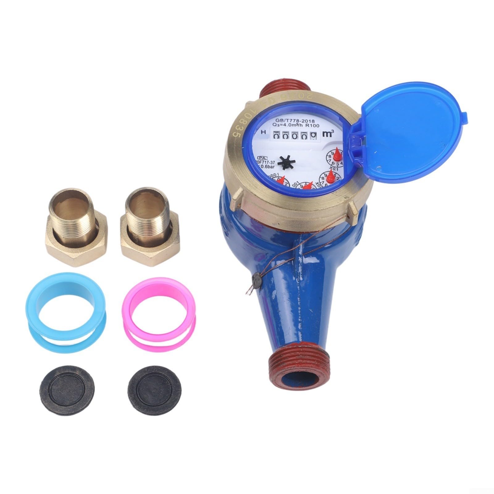 Compteur d'eau à fonctionnement à sec DN20 3/4", débitmètre numérique en cuivre complet avec filtre intégré, mesure précise pour la maison et le commerce, max 1,0 MPa, bleu (DN20)