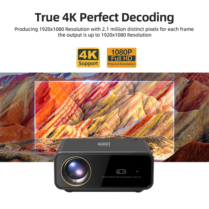 Image of Certified 4K GTVS AUN Elite Pro HDR10, 22000 Lumens, 1080p Native Projector 4K Ultra HD, AI Fully Automatic Focus, HDMI ARC, Hotstar, Prime, Zee5 & Supports All OTT Apps, AUN Projector for Room