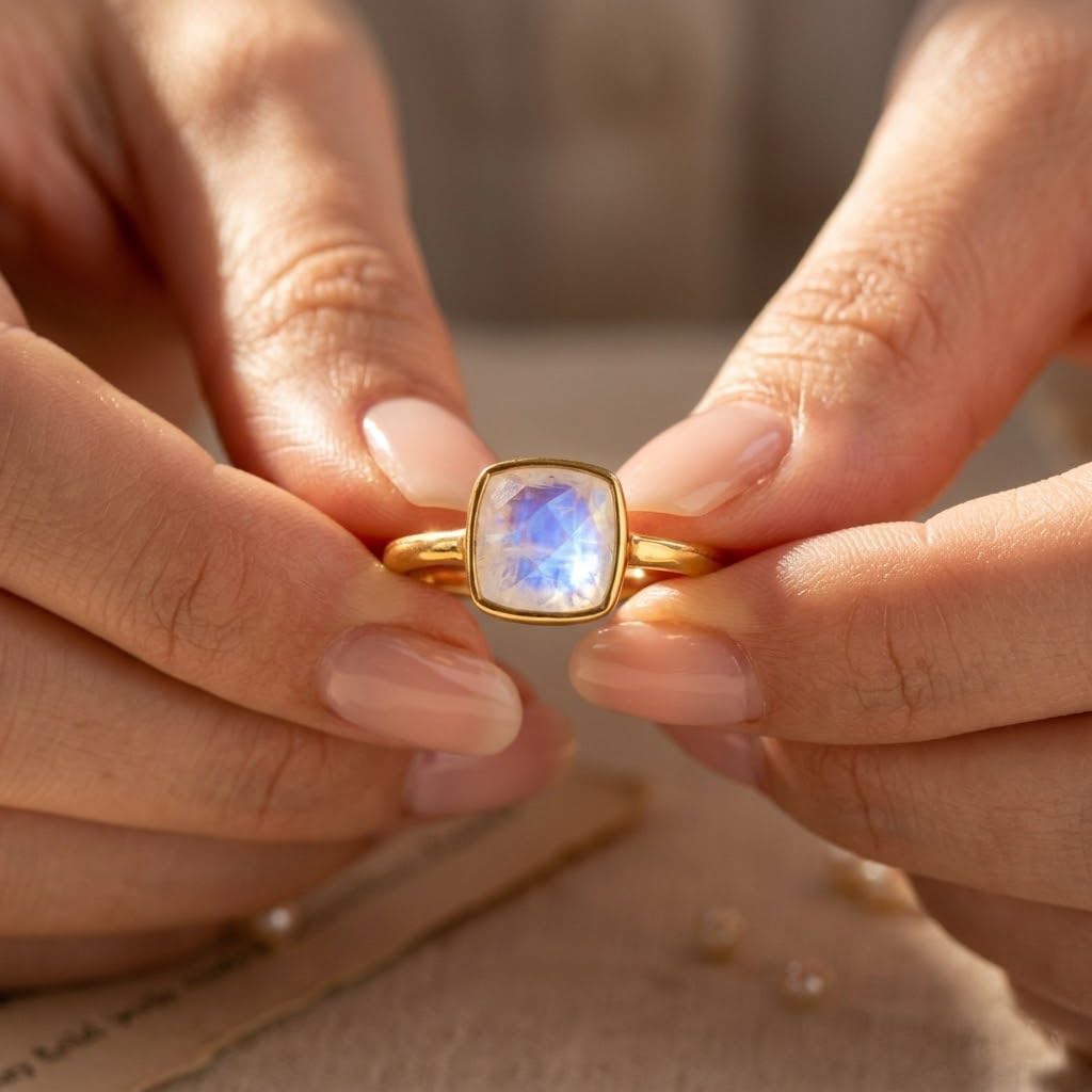 Cushion Cut Birthstone Ring Bezel Set in Vermeil Gold, Sterling Silver, or Rose Gold, Stacking Birthstone Ring