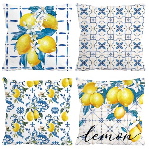 FUTBU Lemon Throw Pillow Covers 18x18 Inch Set of 4 Bule Diamond Check Farmhouse Cushion Case Hello Summer Party Holiday Decoration for Sofa Couch