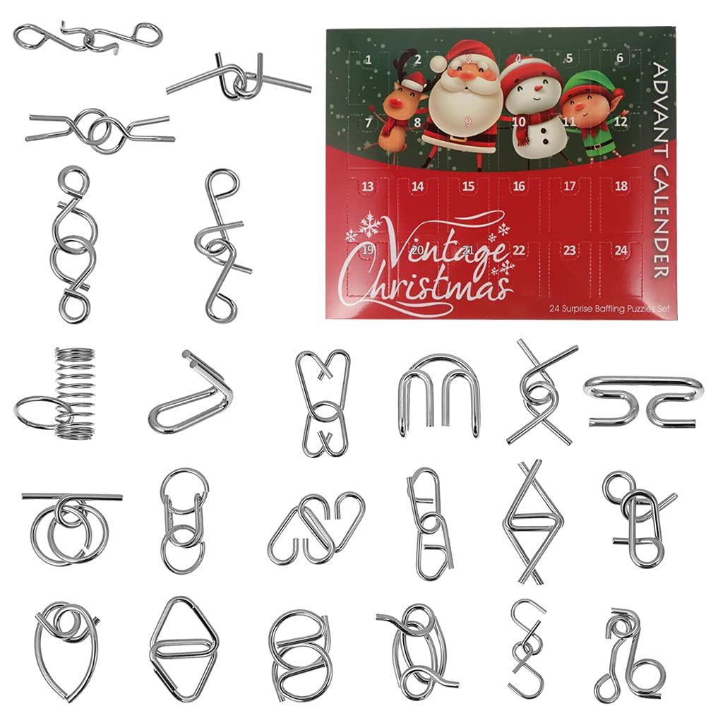 Brain Teaser Puzzles Toy, 24 Pieces Metal Assembly Disentanglement Puzzle with Christmas Advent Countdown Calendar for Adults, Teens and Kids