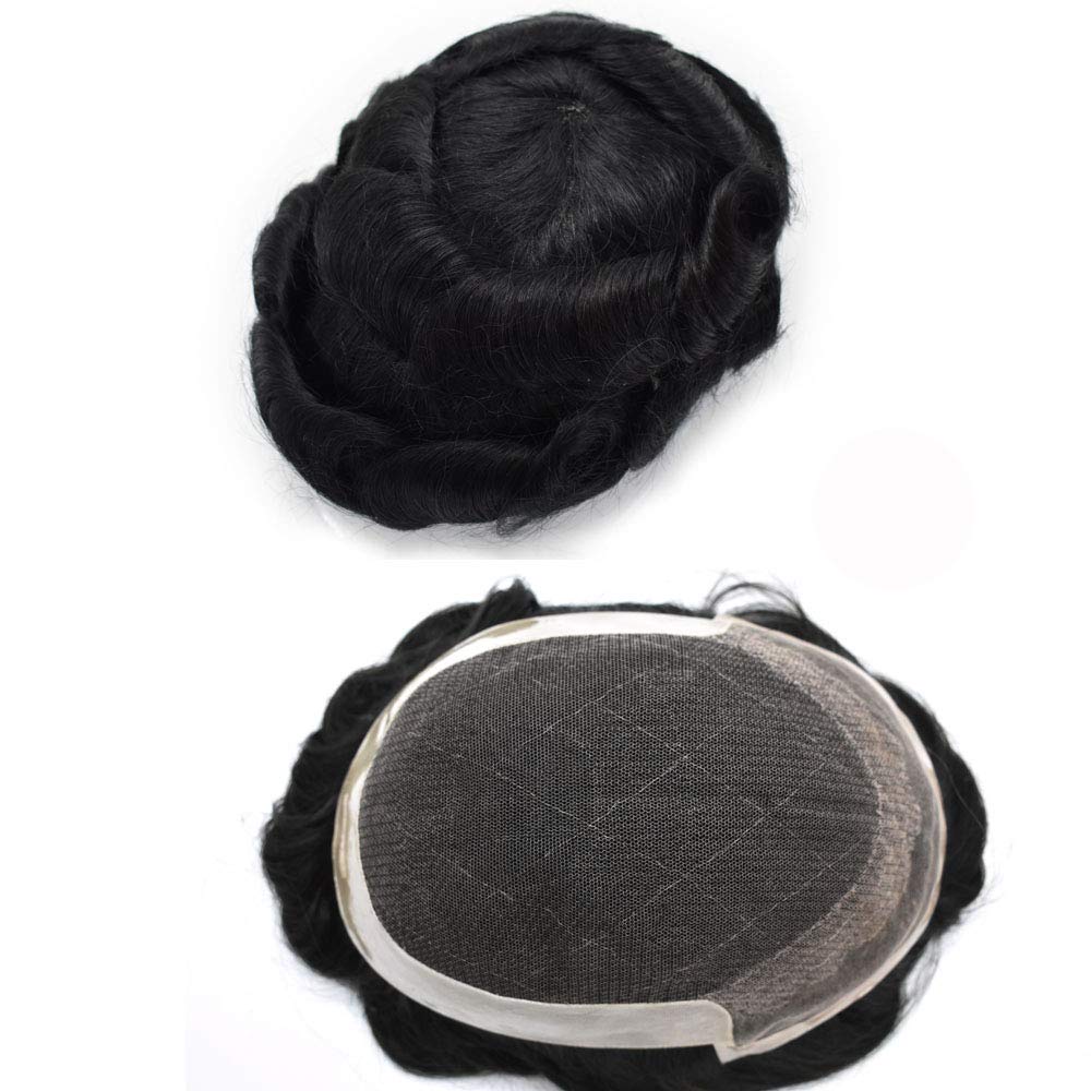 Super Thin French Lace Front Poly Coating Mens Toupee Soft Lace Breathable Bleached Knots Hairpieces Human Hair System (7"x5", 1#,Jet Black,120% Light to Medium Density)