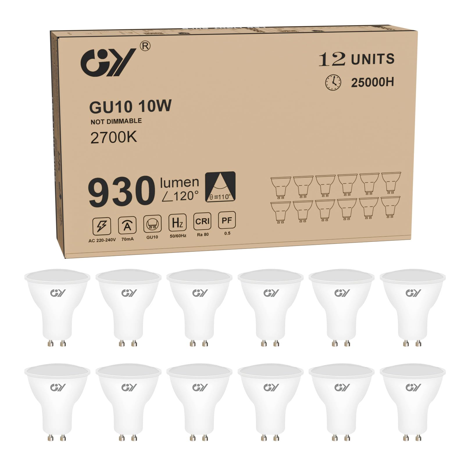 GY GY GU10 LED Bulbs Warm White 2700K 10W 930lm, Energy Saving High Lumen Light Bulbs Equivalent to 100W,120° Wide Beam Non-dimmable, Pack of 12