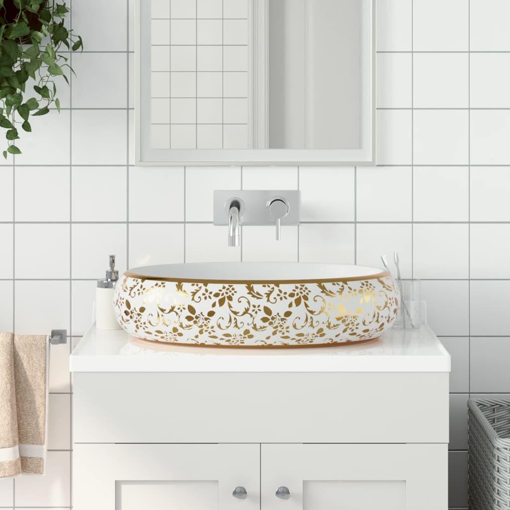 ShGaxin Lavabo sobre encimera Ovalado cerámica Blanco Dorado 59x40x15cm, Fregadero, Lavabo Baño, Lavamanos Baño, Lavatorio Casa De Banho, Mueble Lavabo sobre Encimera - 155111