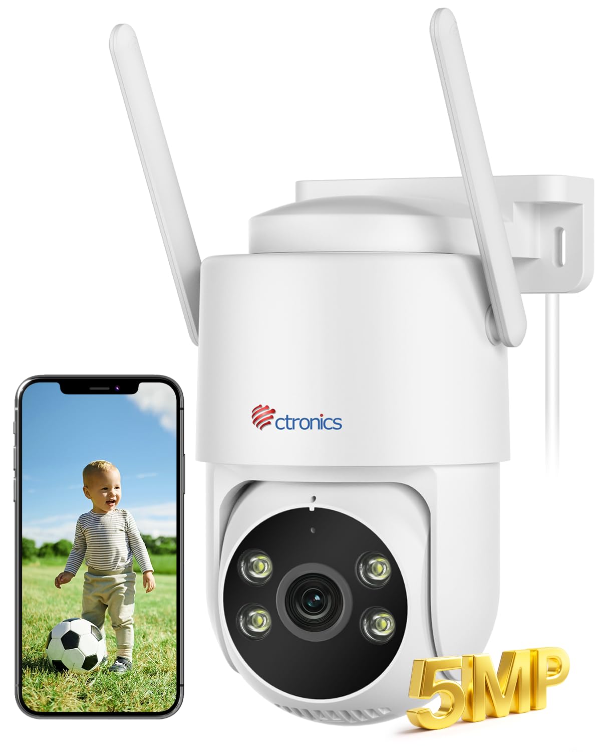 Ctronics 5MP Telecamera Wi-Fi Esterno, 2,4/5Ghz WiFi PTZ Videocamera Sorveglianza Esterno con Rilevamento Persone/Veicoli/Animali con Auto Tracking, 30M Visione Notturna a Colori, PC/TF/Cloud/IP66