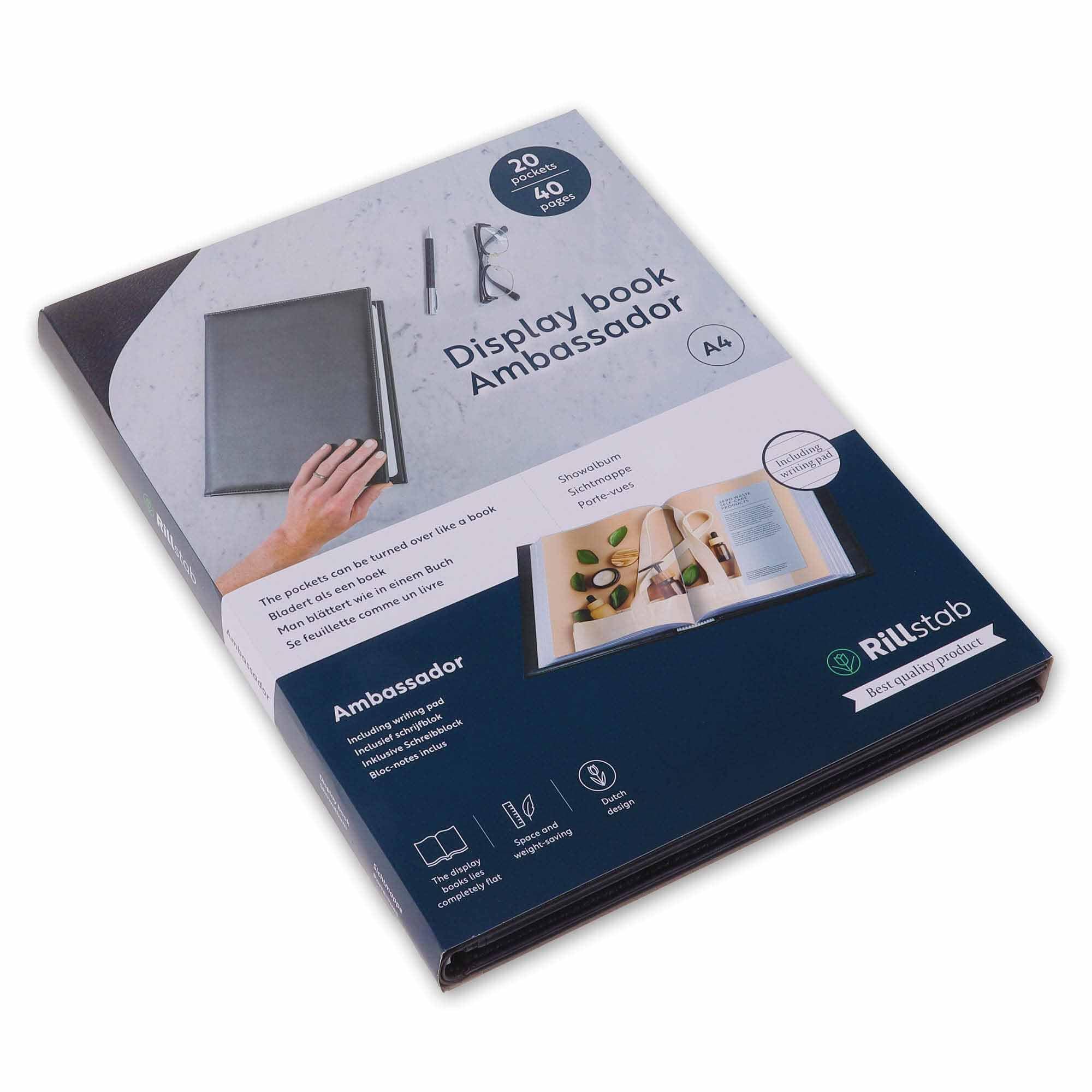 HF2 książeczka prezentacyjna ze sztucznej skóry w formacie A4 z 20 koszulkami, segregator portfolio i na konferencje – czarna – RI98024