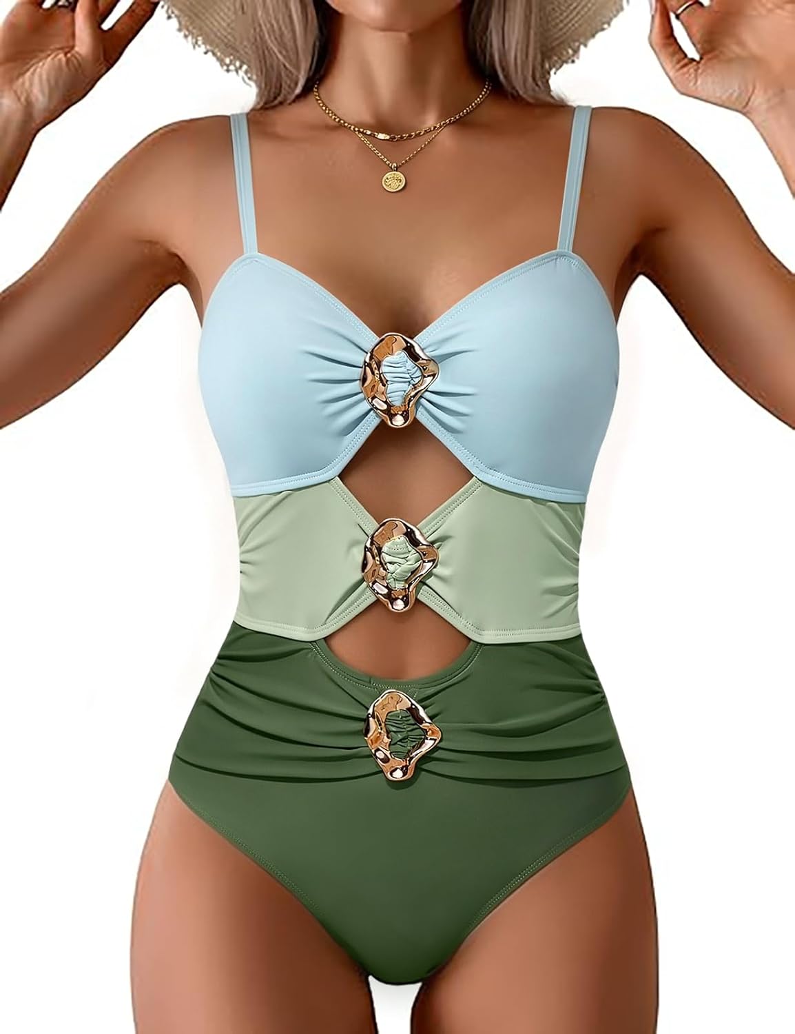 UMIPUBO One Piece Swimsuit for Women Cutout Monokini Ruched Sexy Swimwear Color Block Metal Bathing Suit with Straps