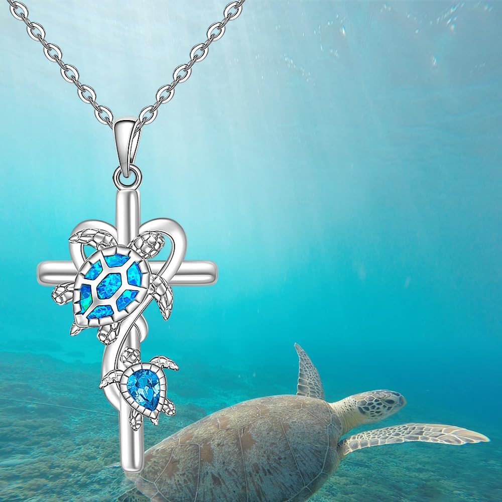 Fenthring Turtle Necklace Blue Opal Sea Turtle Necklace for Women Sterling Silver Cross Turtles Mother Daughter Pendant Jewelry Charm Birthday Mothers Day Christmas Gifts - Image 9