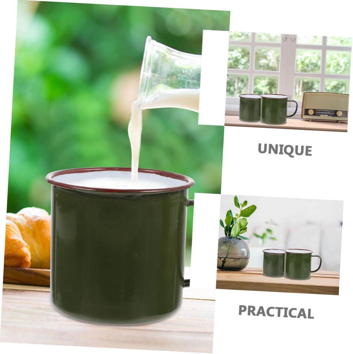 Amosfun 2pcs Military Green Enamel Mugs Heat-Resistant Coffee Cups Retro Style Multi-functional Water Cups for Camping and Outdoor Use