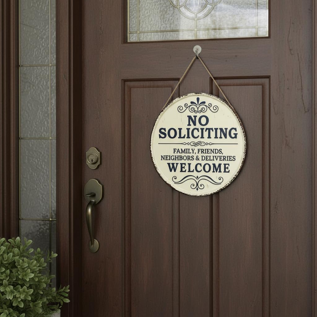 Round No Soliciting Metal Sign, 12 Inch Vintage Farmhouse Tin Hanging Plaque with Jute Rope, Family Friends Neighbors Deliveries Welcome Front Door Decor, Rustic Weatherproof Outdoor House Wall Sign