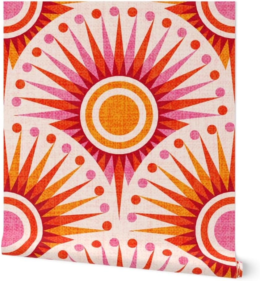 Spoonflower Peel & Stick Wallpaper 3ft x 2ft - Retro Orange Sun Boho Pink Red Yellow Sunset Sunrise Large Scale Custom Removable Wallpaper