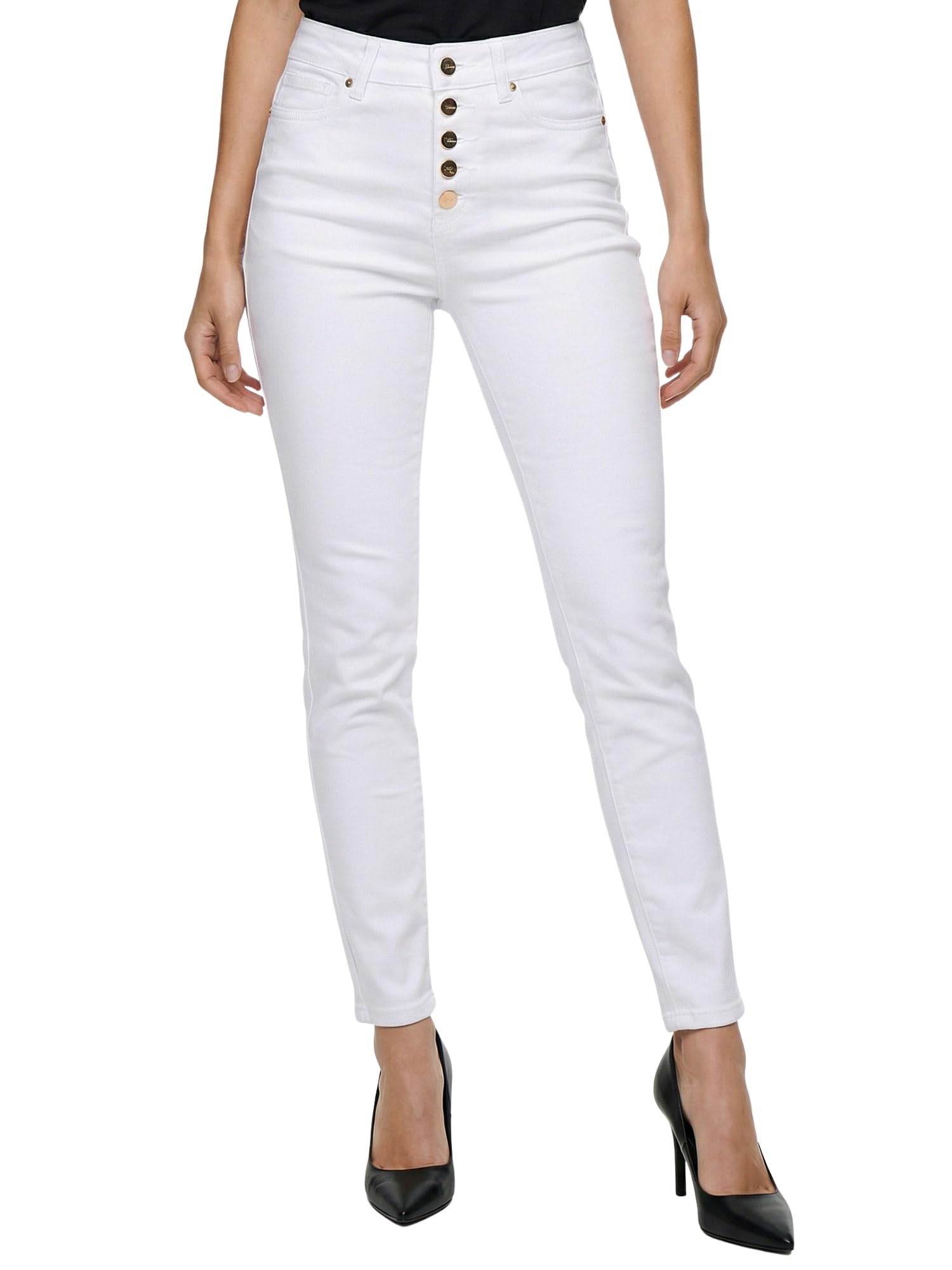 Tazzio Damen Jeans Skinny Fit, High Waist, Stretch, goldene Knopfleiste F136