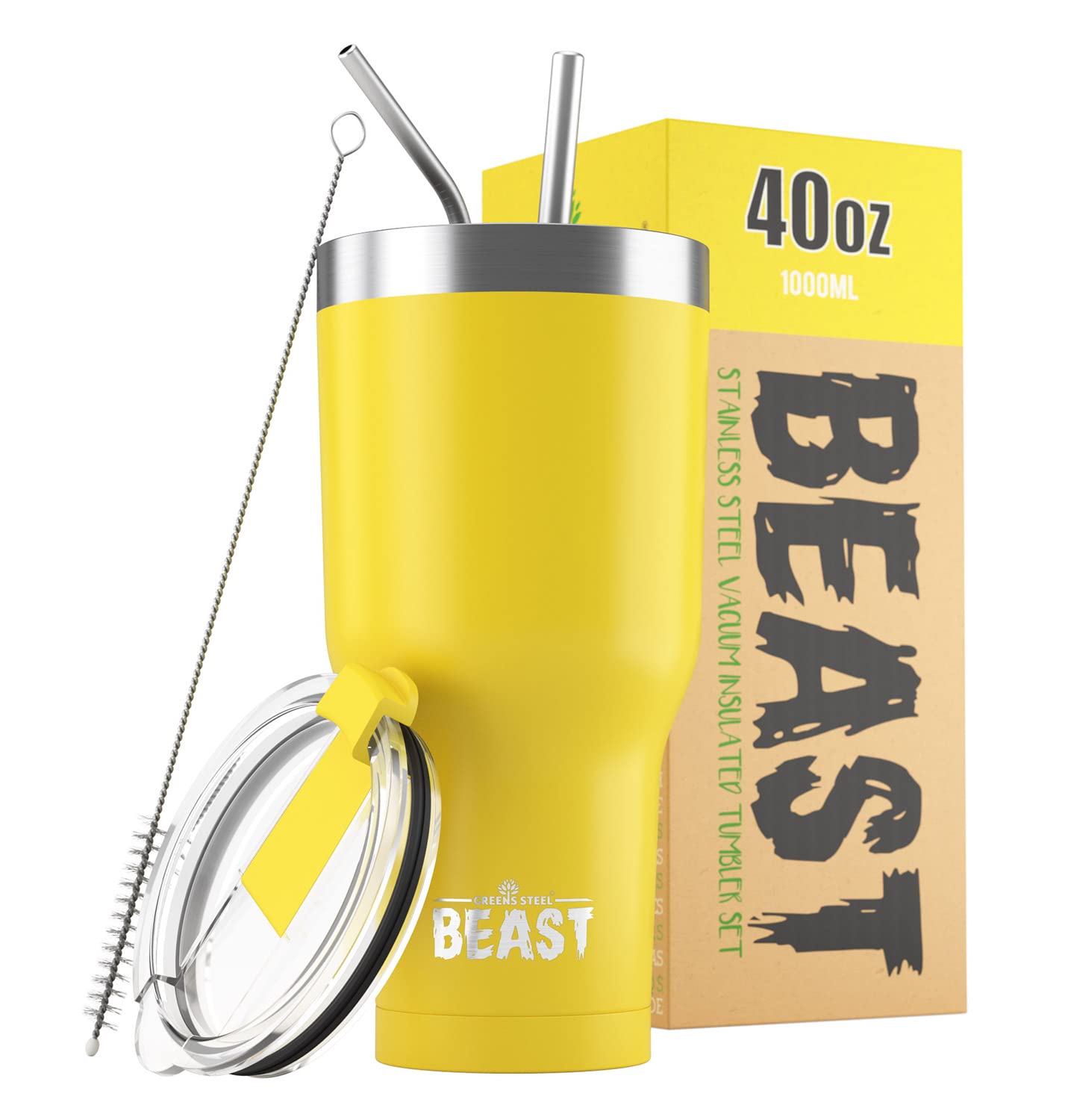 Greens SteelBEAST Insulated Coffee Mug – 1050 ml I Lemon I Stainless I Reusable, Insulated Cups I 2 Straws and Cleaning Brush, Double Walled Travel Coffee Thermos I Hot or Iced Coffee