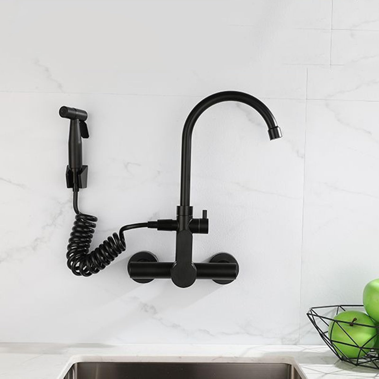 Grifo de Cocina Monomando de Pared con rociador, Grifo Monomando para Fregadero, caño Giratorio, Grifo Monomando de Cocina de 2 Orificios, Color Negro