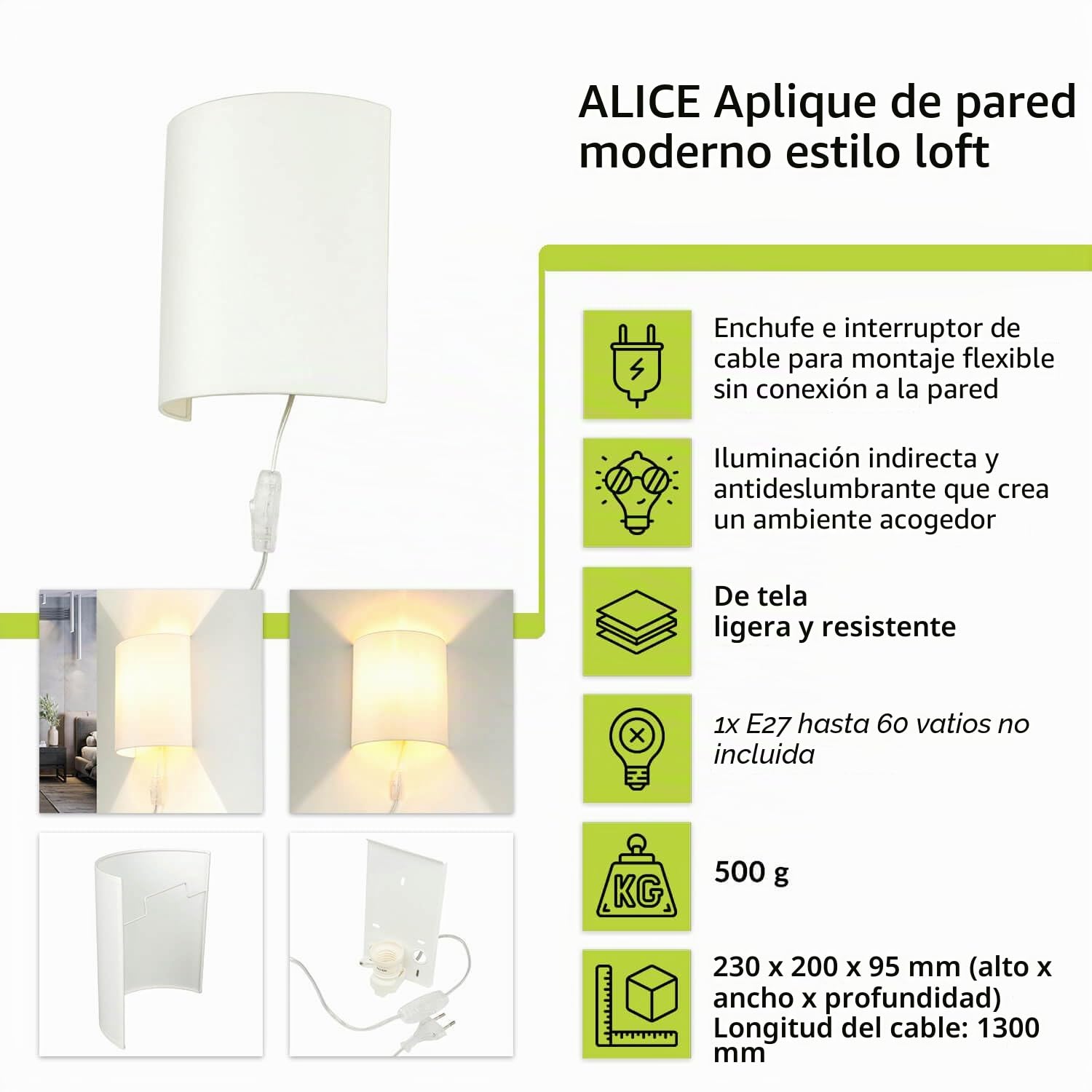 Aplique con enchufe e interruptor, tela, blanco, aplique con cable, arriba-abajo, indirecto, E27, H:23 cm, aplique dormitorio, aplique interior, poco deslumbrante, acogedor