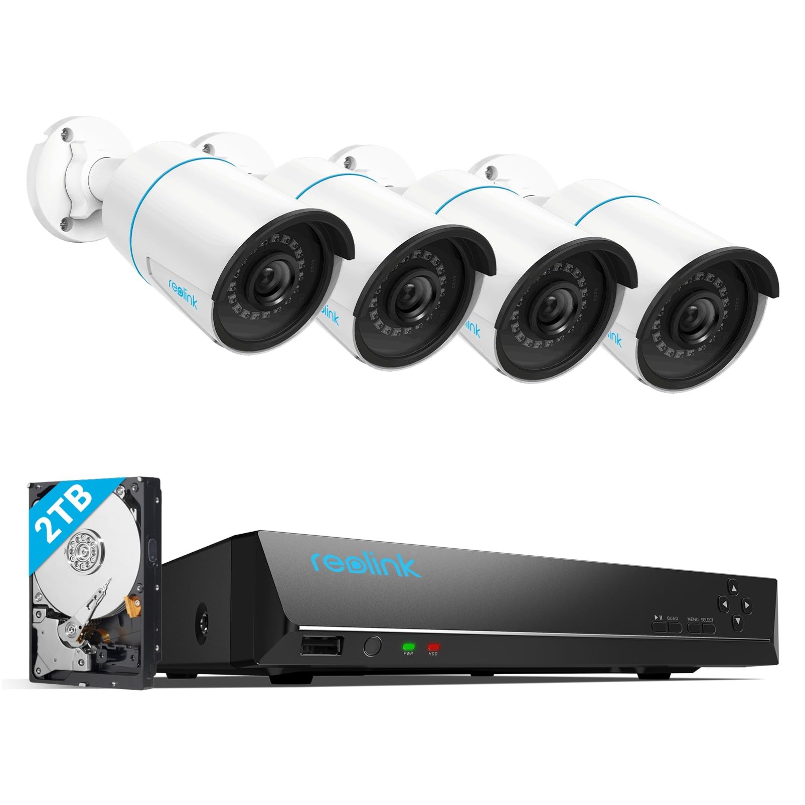 Reolink Kit Cámaras de Seguridad 8CH 5MP H.265, 4 PoE IP Cámaras Exterior Impermeables IP67, Detección de Personas/vehículos, 30M Visión Nocturna, 2TB HDD NVR para Grabación Continua, RLK8-410B4-5MP
