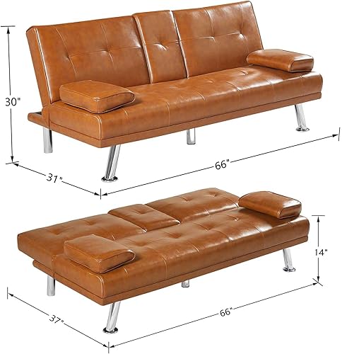 Miniatura 2 de Sofá cama futón moderno de 66 pulgadas con 2 portavasos, sofá biplaza tapizado ajustable convertible con reposabrazos extraíblespatas de metal,