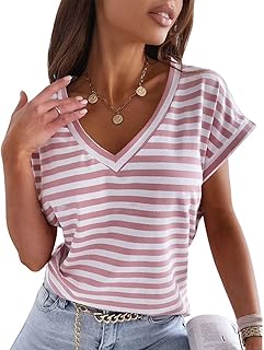 Blusa de Manga Corta con Cuello en V y Bloque de Color, Blusa Holgada con Cuello en V, Informal, Ajustada, con Cuello en V para Ropa de Calle para Mujer (SG)