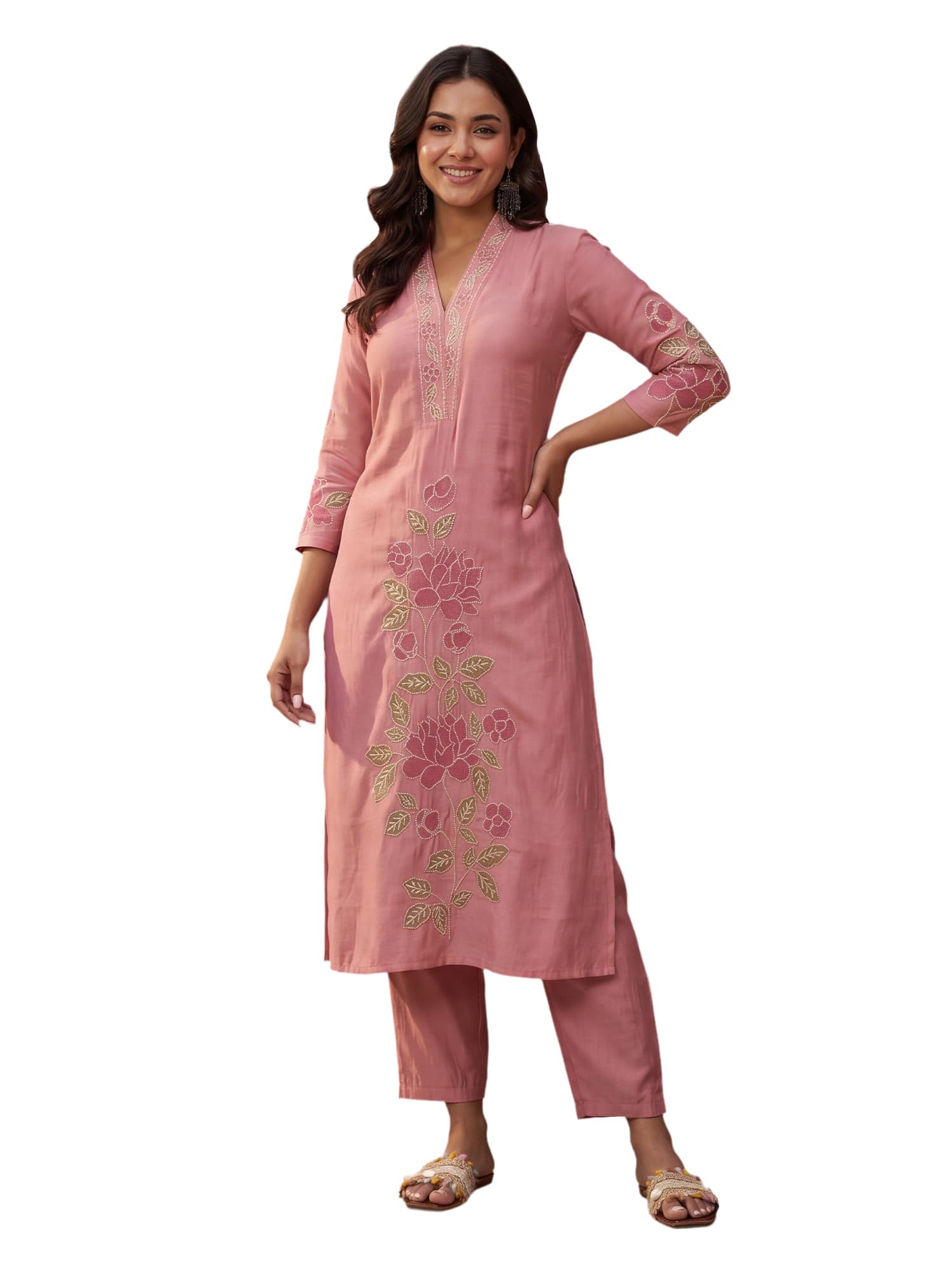 indo era Women's Silk Blend Floral Embroidered Thread Work Kurta & Pant Set | Kurta Sets For Woman-picture-37