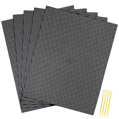 Pllieay 5 Pieces 7 Count Plastic Mesh Canvas Sheets for Embroidery, Acrylic Yarn Crafting, Knit and Crochet Projects (10.2 x 13.2 inch, Come with 4 Pieces Weaving Needles, Black)