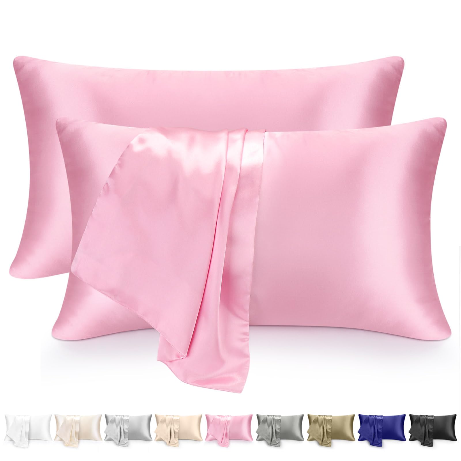 Satin Silk Pillowcases For Hair And Skin 2 Pack Standard Size with Envelope Closure (2 Pcs Pillowcases (50 x 75 cm) (Pink)