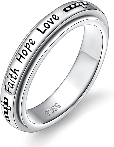 JZMSJF S925 Sterling Silver Faith Hope Love Spinner Rings Inspirational Anti Anxiety Ring Fidget Ring