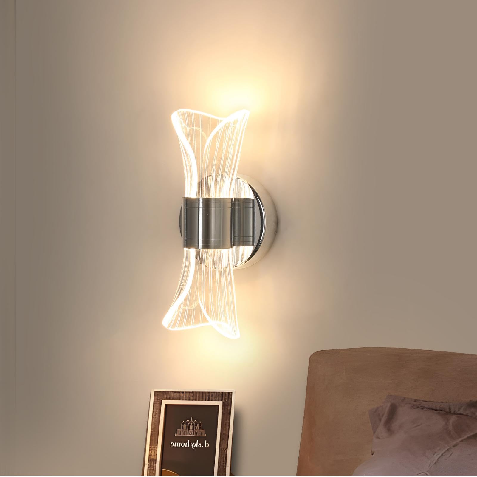 Comely LED Indoor Wall Light, 12 W, 1350 lm, Modern Chrome Wall Lamp, Indoor Tri-Colour 3000 K/4500 K/6500 K, LED Acrylic Wall Lighting for Living Room, Bedroom, Staircase, Hallway