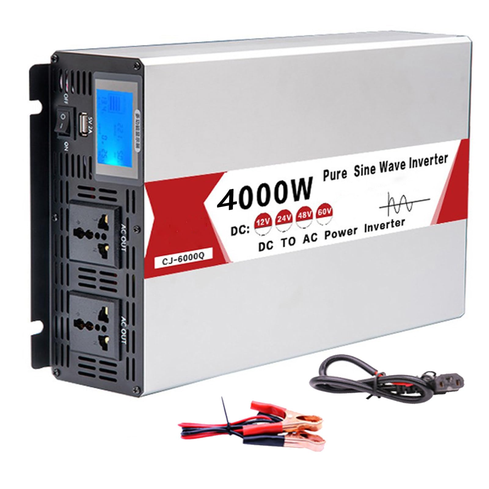 Przetwornica czystej fali sinusoidalnej 5000W-9000W DC 12V24V48V60 AC 220V Z wyświetlaczem LED, kablem połączeniowym i zaciskiem akumulatora falownik do pojazdów,12V4000W