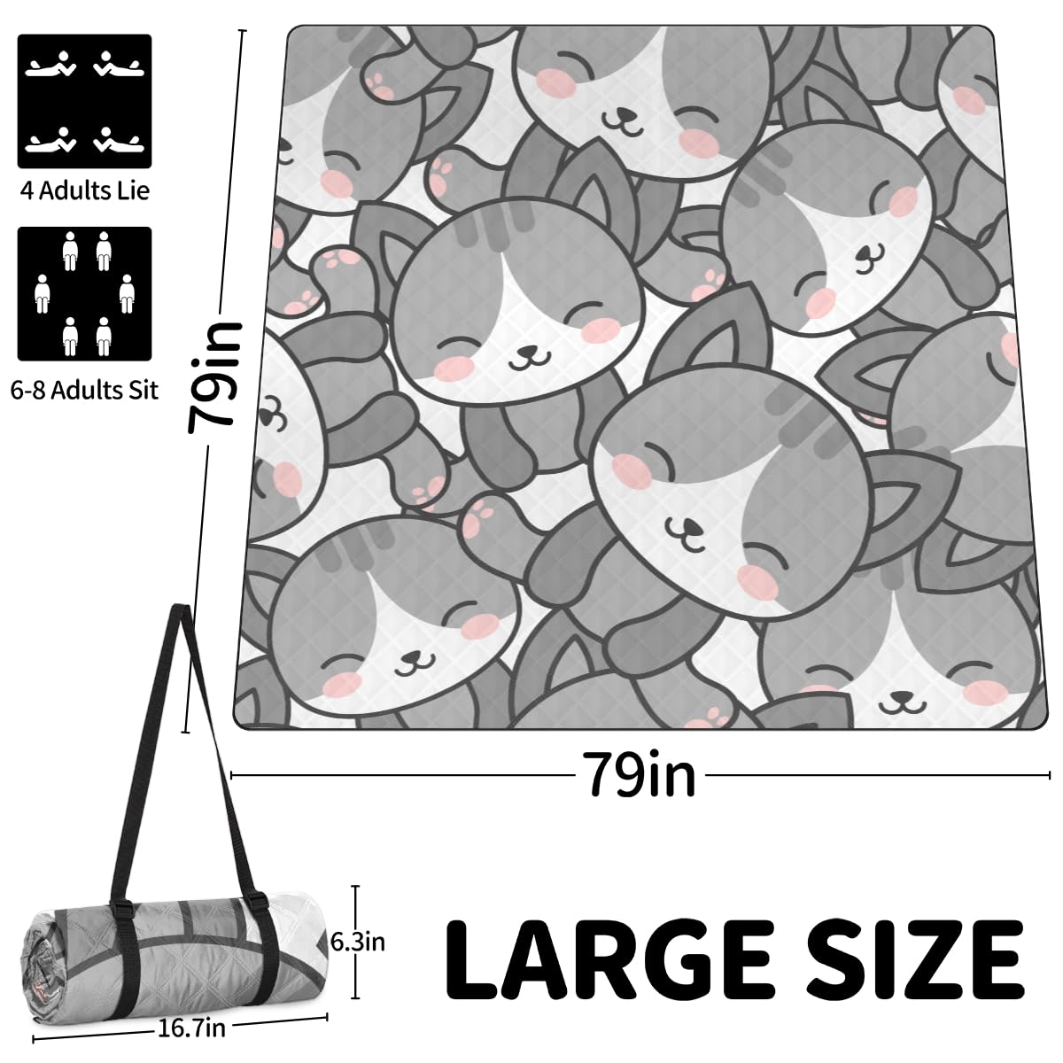 Shimoshe Extra Large Picnic Blankets 79”x 79”, Cute Cat Waterproof Foldable Picnic Mat with Straps Portable Beach Blanket for Camping Park Grass Beach Indoor