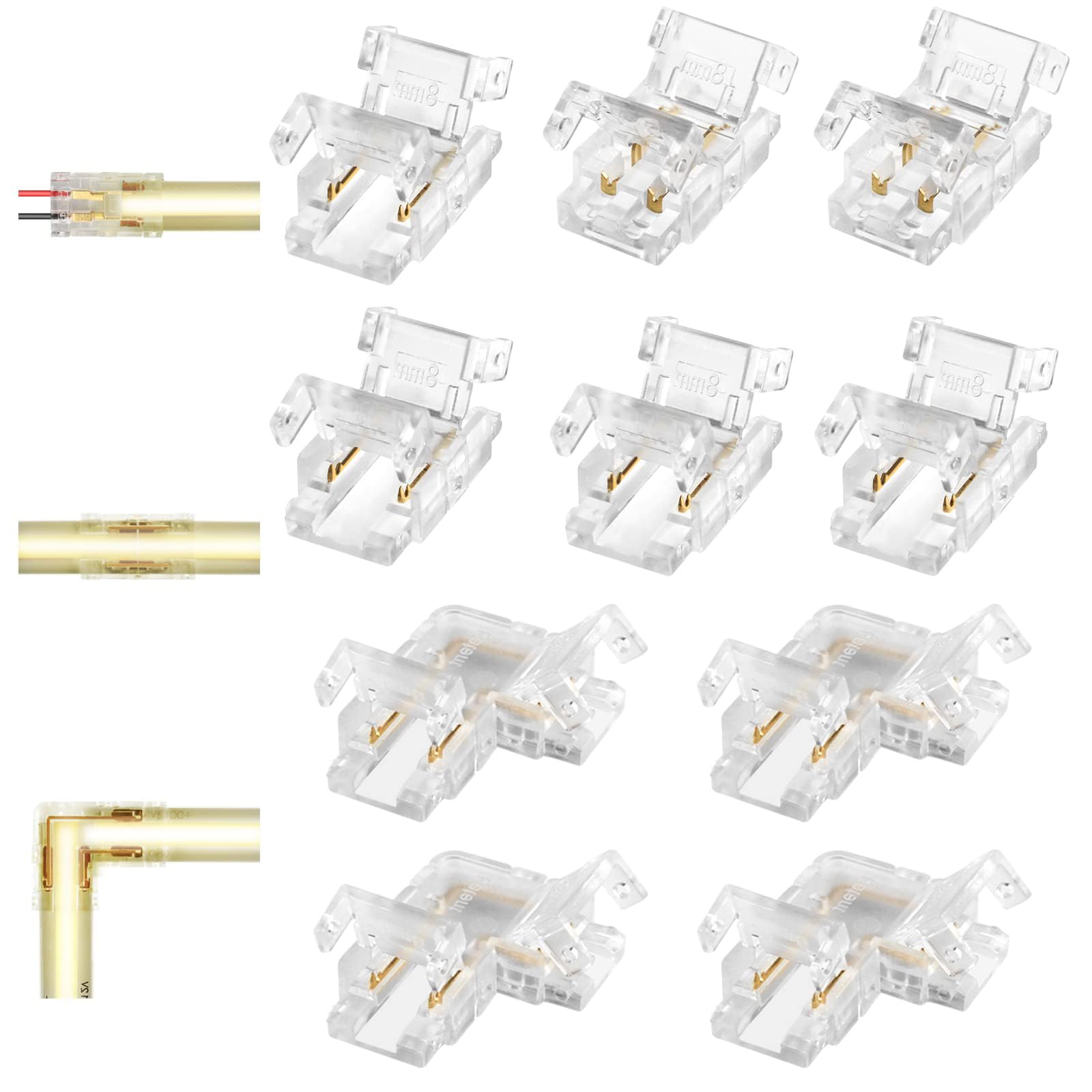 10-Pack COB LED Strip Connectors Kit: 2-Pin 8mm Solderless Gapless (2× Wire, 4× Strip, 4× L-Shape) for 36V 5A LED Lights,led connectors
