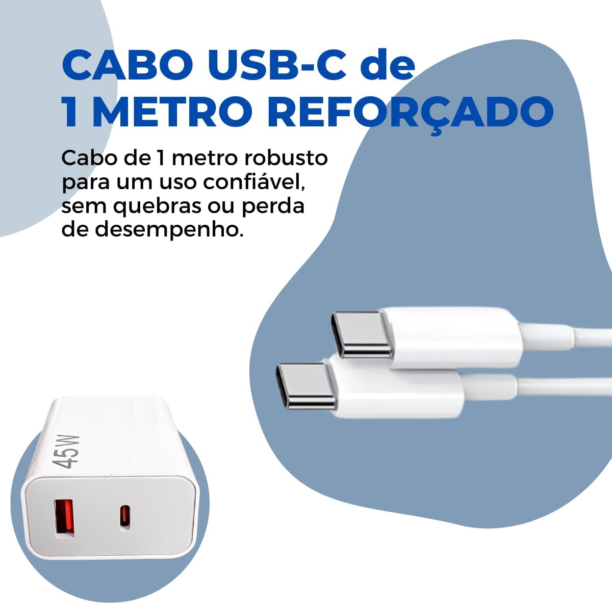 Carregador Tipo C Turbo 45W com Cabo USB-C de 1 Metro e Fonte Compatível com Novo Iphone 15 16 Pro Max Plus Carregamento Ultra Rápido Duas Portas USB-A e USB-C