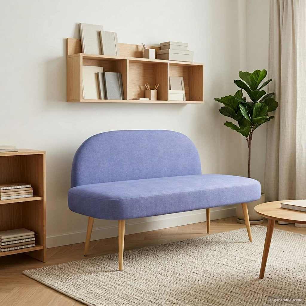 Tapicerowana ławka z oparciem w kolorze dżinsowym niebieskim, 110 x 60 x 76 cm, dwuosobowa ze sklejki, materiału i metalowych nóg do salonu, jadalni, korytarza, nowoczesna ławka do siedzenia