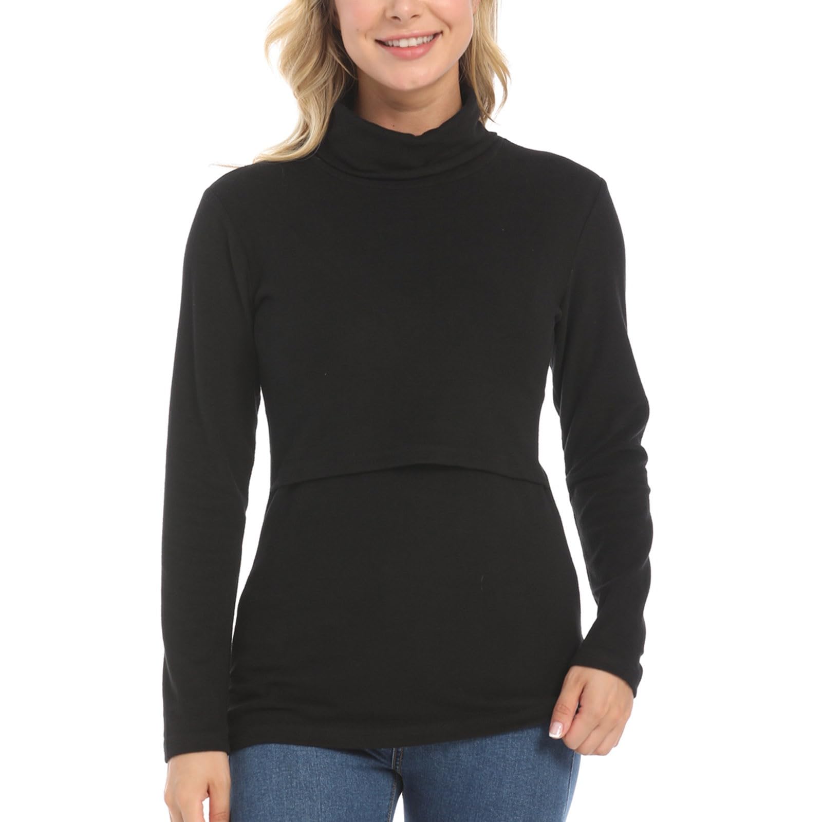 Umstandsmode Stillpullover Damen Fleece Warm Langarmshirt Umstandspullover Stillpulli Baumwolle Stretch Thermounterwäsche Slim Fit Rollkragenshirt Stehkragen Unterziehrolli Stilltop Schwanger Tops