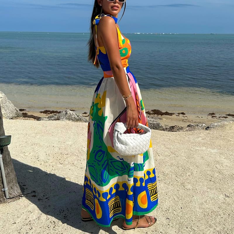 NUFIWI Women Boho Graffiti Cami Long Dress Graphic Spaghetti Strap Flowy Maxi Dress Square Neck Colorful A Line Sundress4