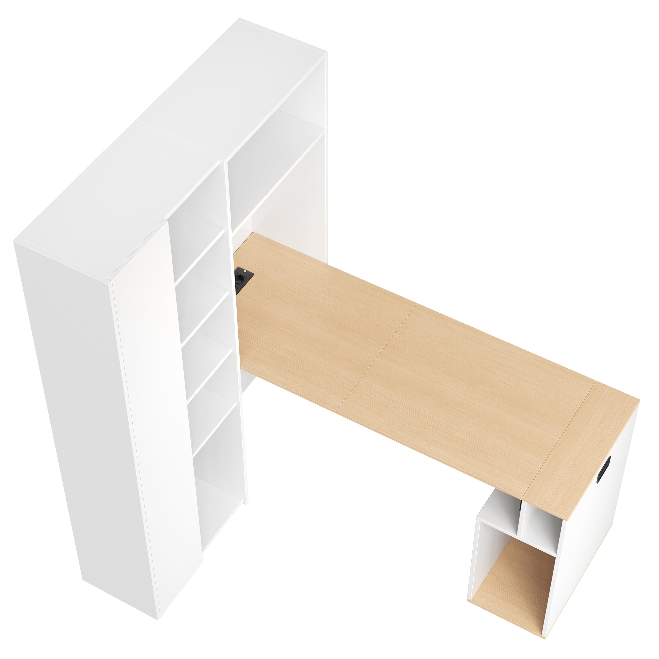 Klappbarer Schreibtisch mit Ablagen –2-in-1-Bücherregal und Schreibtisch, klappbar, mit Steckdose und USB-Anschluss, höhenverstellbare Ablagen, Kippschutz (Links)